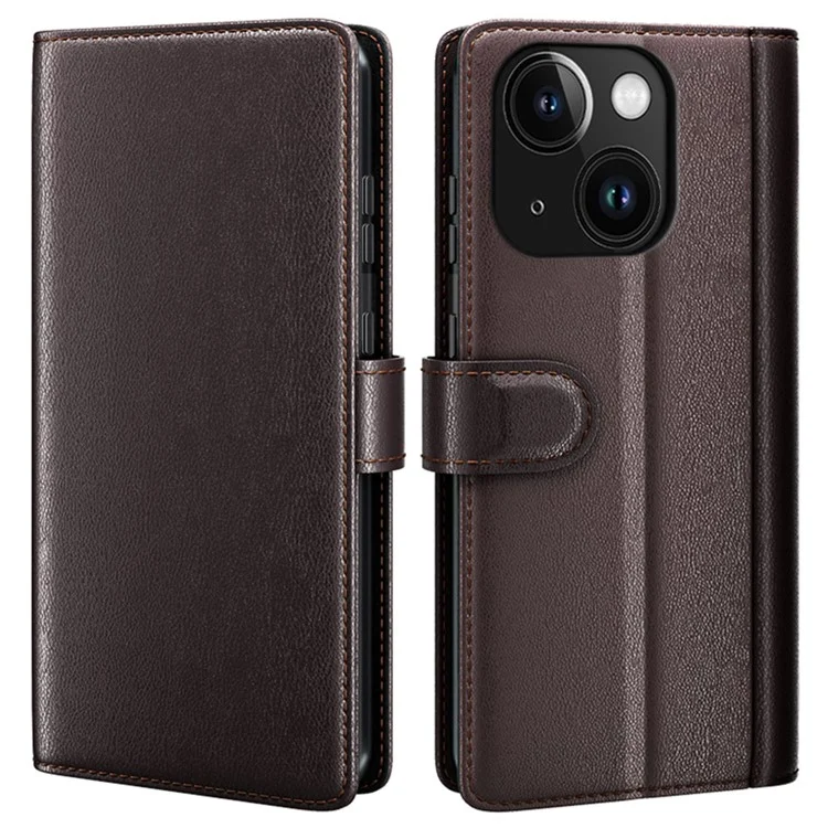 Flip Phone Case für iPhone 15 Plus Echtes gespaltenes Leder-Geldbörsen-Ständer-Magnetdeckel - Braun