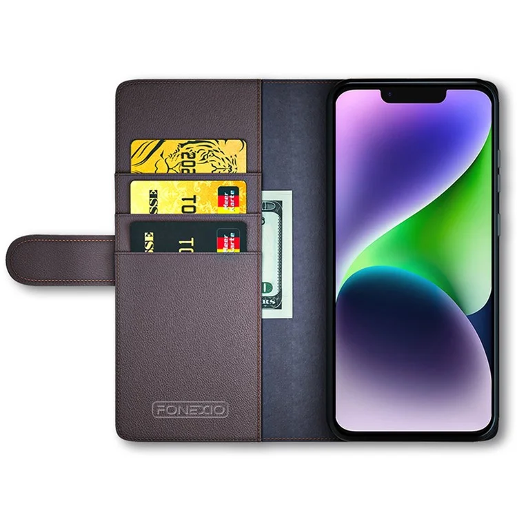 Flip Phone Case für iPhone 15 Plus Echtes gespaltenes Leder-Geldbörsen-Ständer-Magnetdeckel - Braun