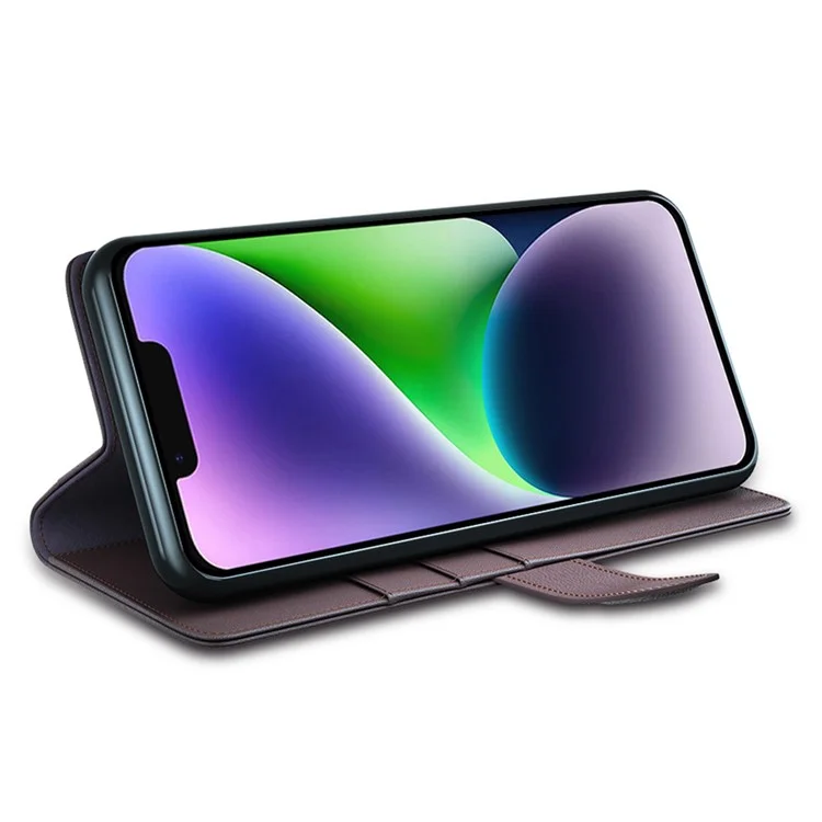 Flip Phone Case für iPhone 15 Plus Echtes gespaltenes Leder-Geldbörsen-Ständer-Magnetdeckel - Braun