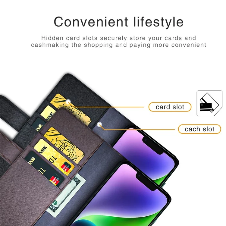 Flip Phone Case für iPhone 15 Plus Echtes gespaltenes Leder-Geldbörsen-Ständer-Magnetdeckel - Braun