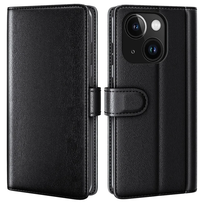 Capa de Telefone Flip para iPhone 15 Plus Couro Dividido Genuíno Carteira Stand Magnética Capa - Preto