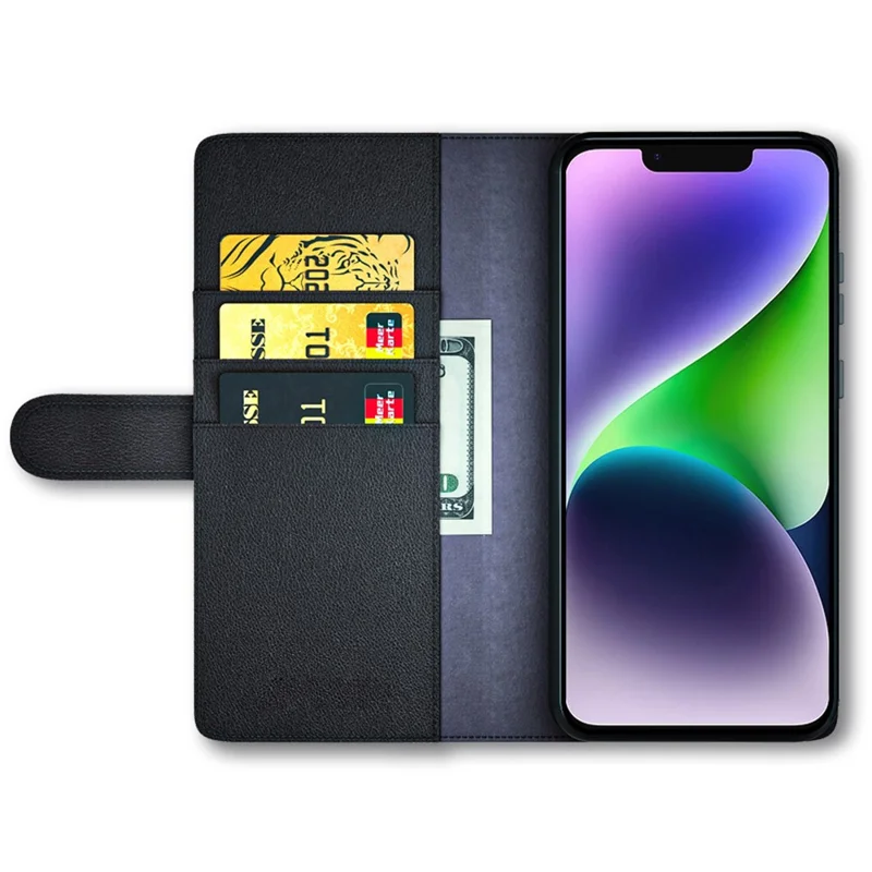 Capa de Telefone Flip para iPhone 15 Plus Couro Dividido Genuíno Carteira Stand Magnética Capa - Preto