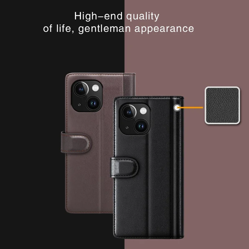 Capa de Telefone Flip para iPhone 15 Plus Couro Dividido Genuíno Carteira Stand Magnética Capa - Preto