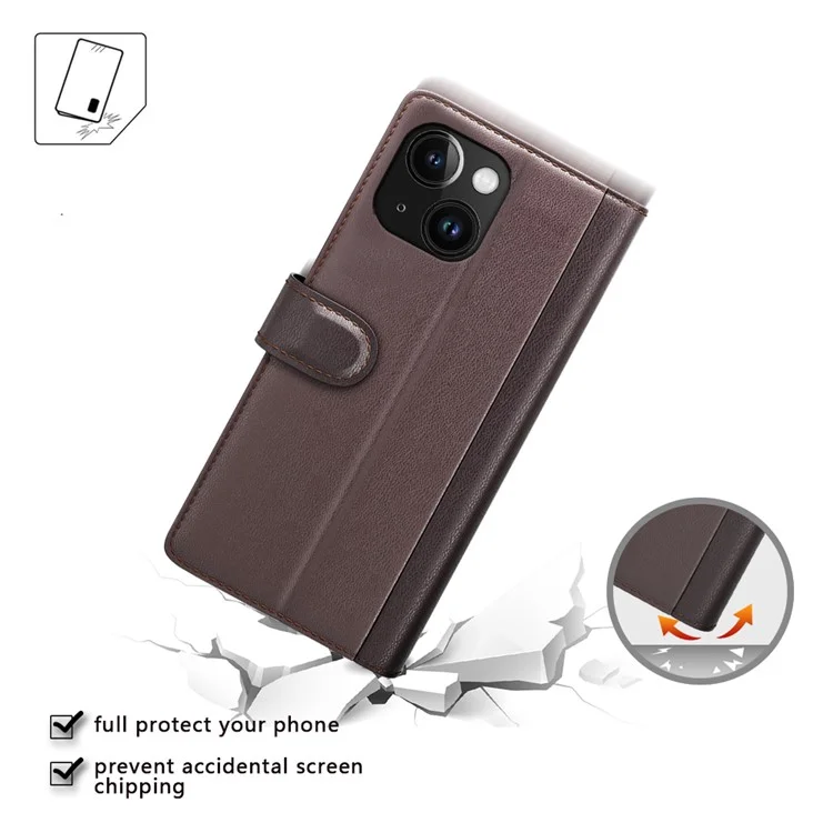 For iPhone 15 Shockproof Phone Shell Wallet Stand Magnetic Flip Phone Case Genuine Split Leather Cover - Brown