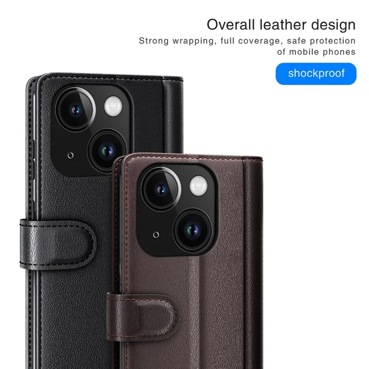 For iPhone 15 Case Genuine Split Leather Phone Cover with Wallet Stand - Brown