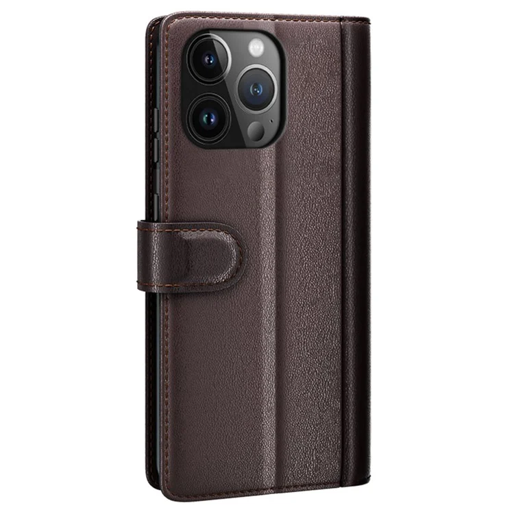 Funda de cartera con tapa magnética para iPhone 15 Pro, de piel dividida auténtica, con soporte - Marrón