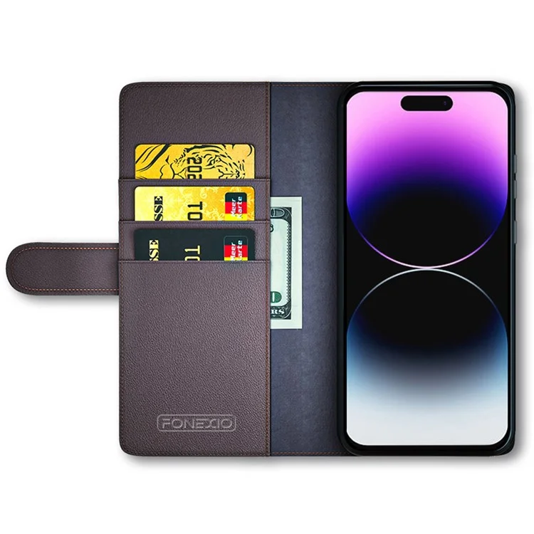Funda de cartera con tapa magnética para iPhone 15 Pro, de piel dividida auténtica, con soporte - Marrón