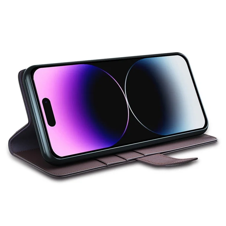 Funda de cartera con tapa magnética para iPhone 15 Pro, de piel dividida auténtica, con soporte - Marrón