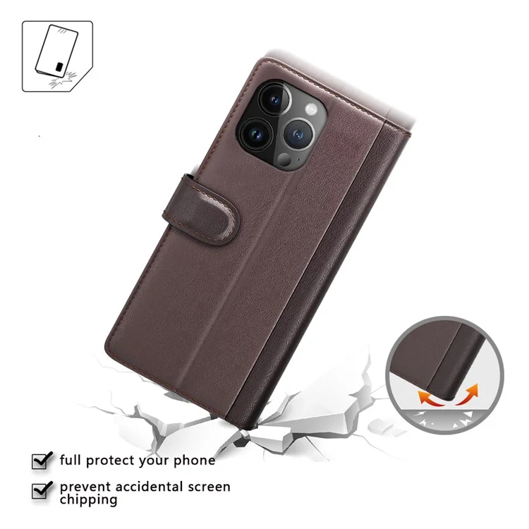 Funda de cartera con tapa magnética para iPhone 15 Pro, de piel dividida auténtica, con soporte - Marrón