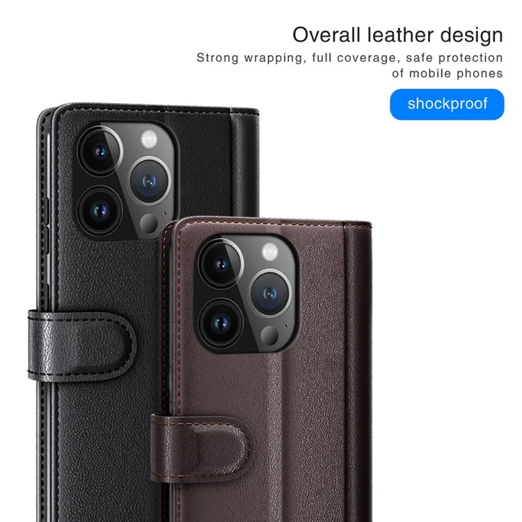 Funda de cartera con tapa magnética para iPhone 15 Pro, de piel dividida auténtica, con soporte - Marrón