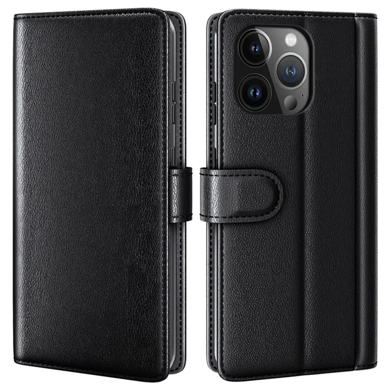 For iPhone 15 Pro Case Genuine Split Leather Phone Cover with Wallet Stand - Black
