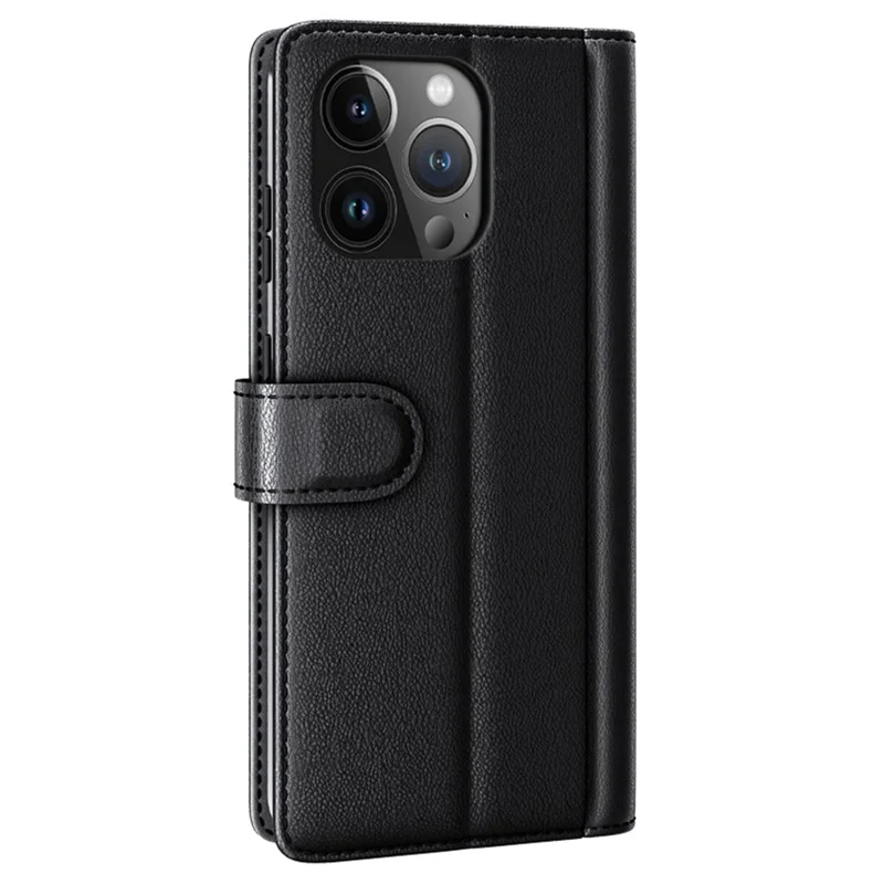 For iPhone 15 Pro Case Genuine Split Leather Phone Cover with Wallet Stand - Black