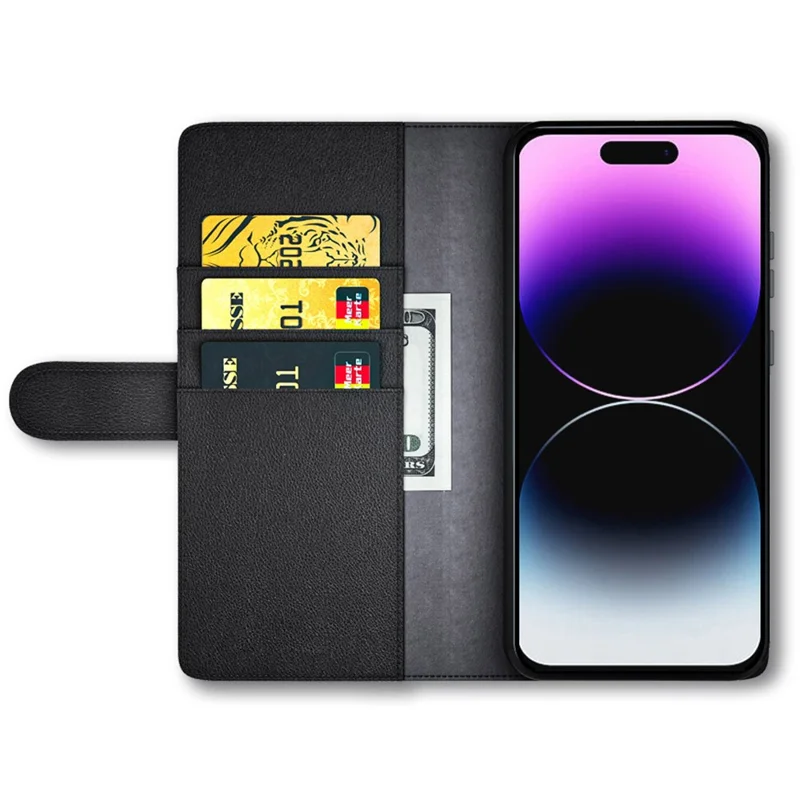 For iPhone 15 Pro Case Genuine Split Leather Phone Cover with Wallet Stand - Black