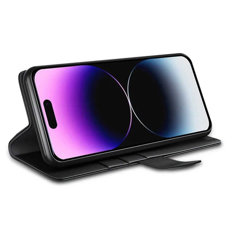 For iPhone 15 Pro Case Genuine Split Leather Phone Cover with Wallet Stand - Black