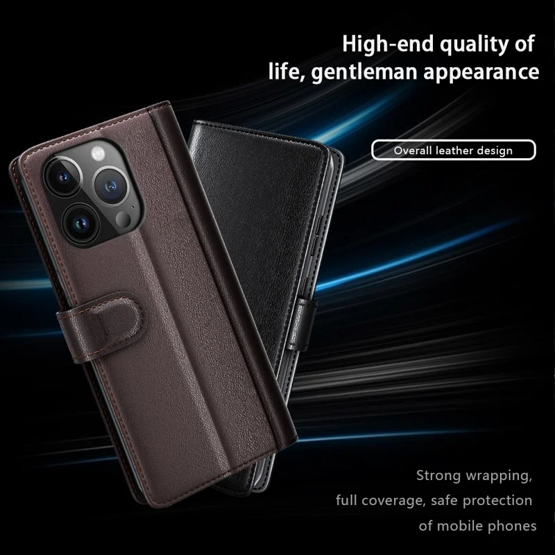 For iPhone 15 Pro Case Genuine Split Leather Phone Cover with Wallet Stand - Black