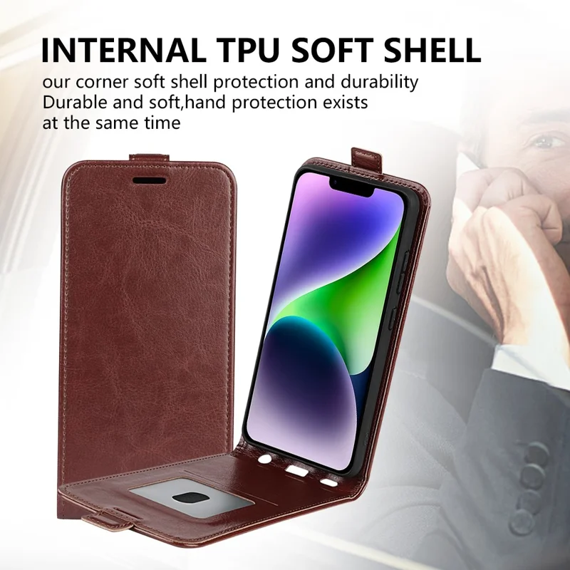 Phone Case for iPhone 15 Drop Proof Vertical Flip PU Leather Mobile Phone Cover with Card Slots - Brown
