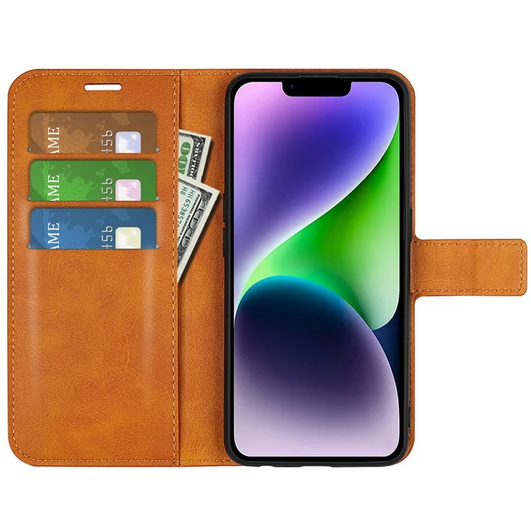 Calf Texture Leather Cover for iPhone 15 Square Magnetic Closure Stand Wallet Phone Case - Yellow