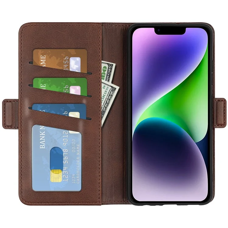Per iPhone 15 Fully Wrapped PU Leather Wallet Phone Cover Calf Texture Stand Phone Case - Marrone