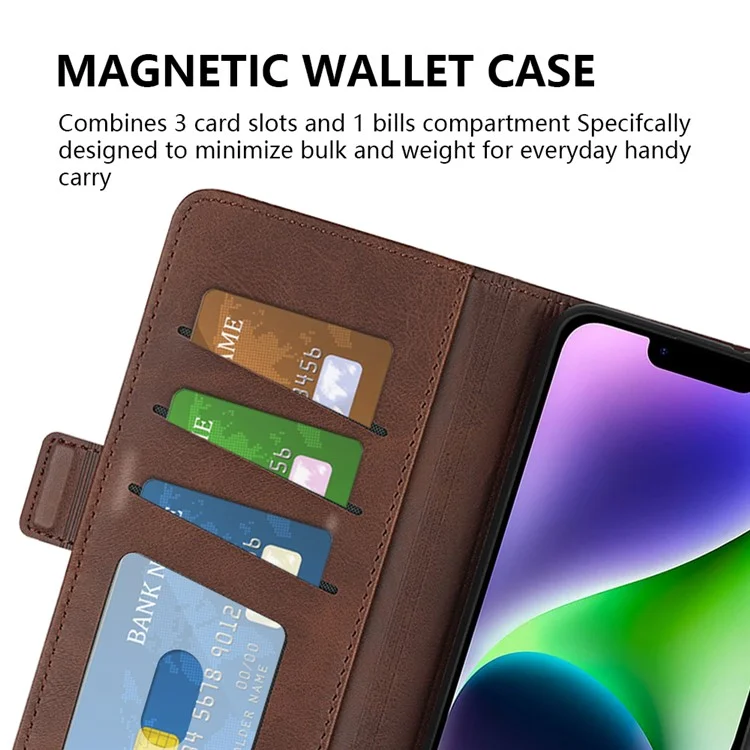 Per iPhone 15 Fully Wrapped PU Leather Wallet Phone Cover Calf Texture Stand Phone Case - Marrone