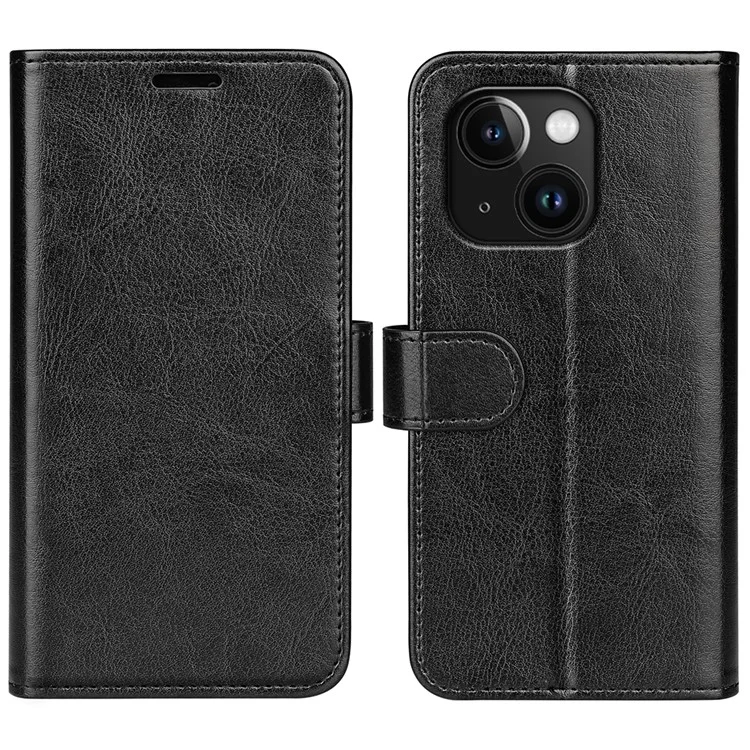 Pour iPhone 15 PU Leather Stand Cover Crazy Horse Texture Wallet Flip Phone Case Shell - Noir