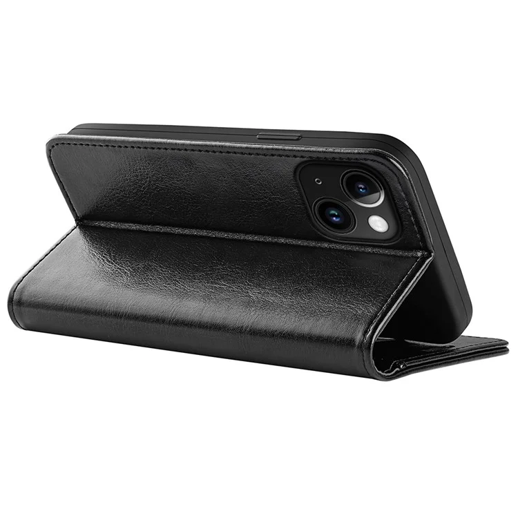 Pour iPhone 15 PU Leather Stand Cover Crazy Horse Texture Wallet Flip Phone Case Shell - Noir