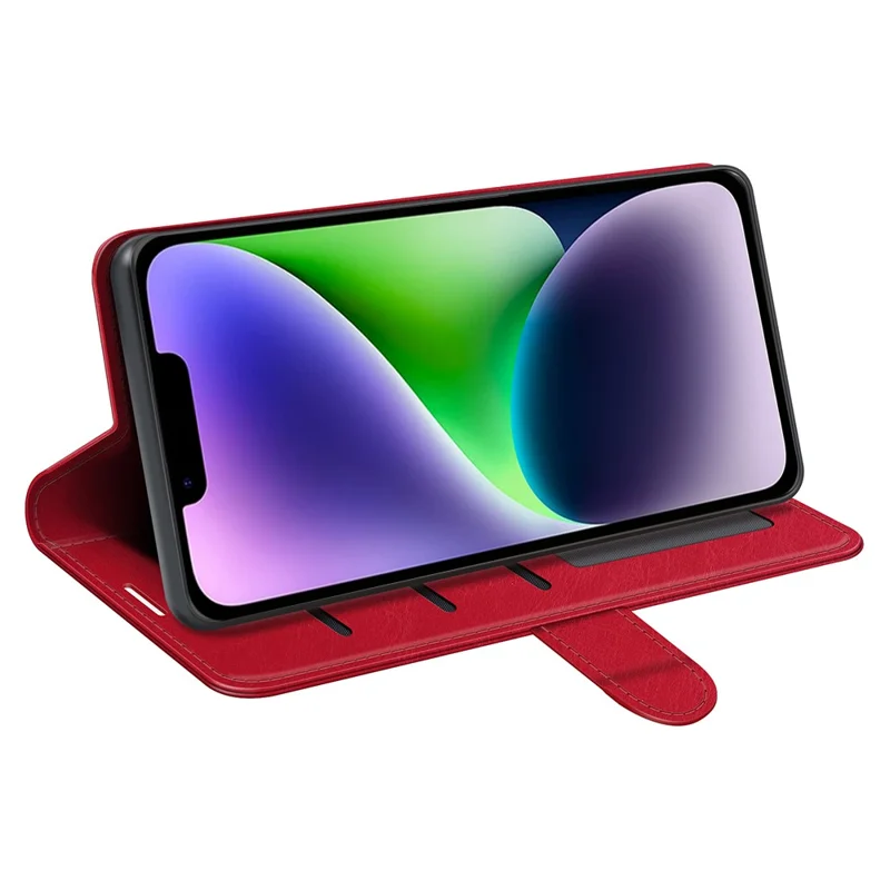 Für iPhone 15 PU-Leder-Ständer-Cover Crazy Horse Textur Wallet Flip Phone Case Shell - Rot