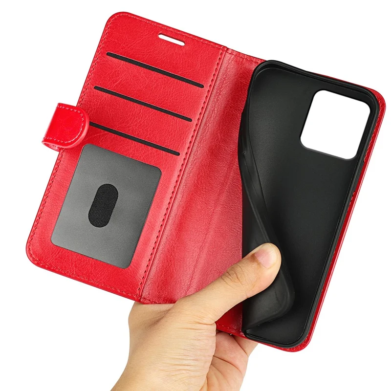 Für iPhone 15 PU-Leder-Ständer-Cover Crazy Horse Textur Wallet Flip Phone Case Shell - Rot