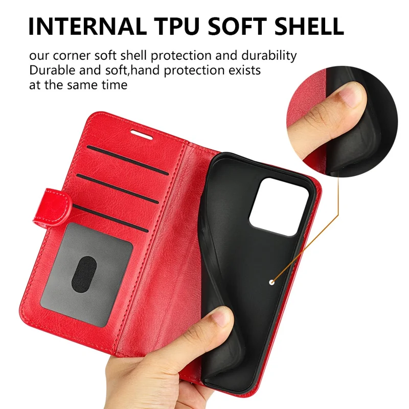 Für iPhone 15 PU-Leder-Ständer-Cover Crazy Horse Textur Wallet Flip Phone Case Shell - Rot