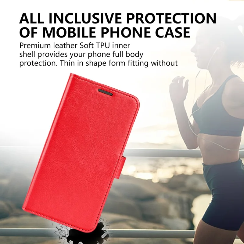 Für iPhone 15 PU-Leder-Ständer-Cover Crazy Horse Textur Wallet Flip Phone Case Shell - Rot