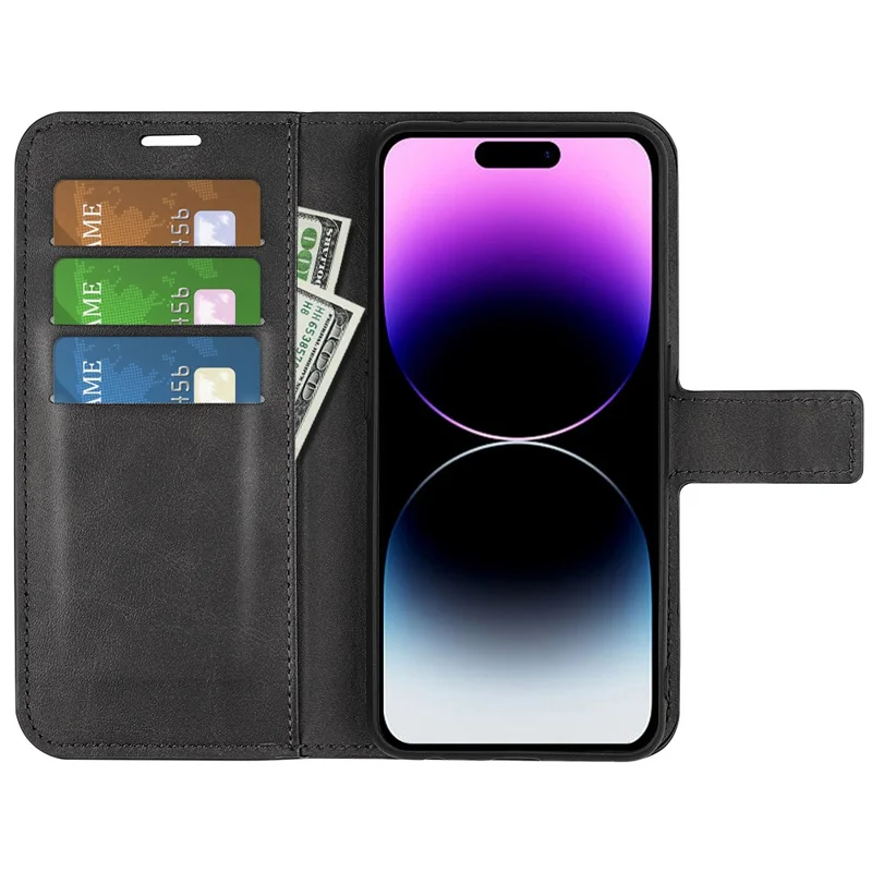 For iPhone 15 Pro Max Calf Texture Leather Cover Square Magnetic Closure Stand Wallet Phone Case - Black