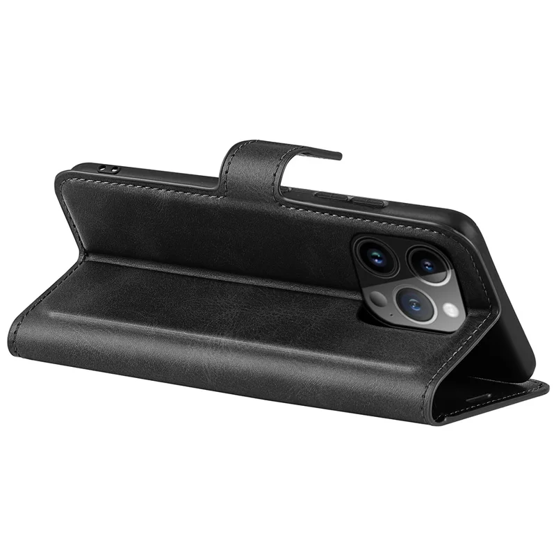 For iPhone 15 Pro Max Calf Texture Leather Cover Square Magnetic Closure Stand Wallet Phone Case - Black