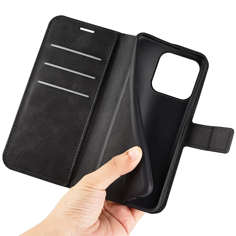 For iPhone 15 Pro Max Calf Texture Leather Cover Square Magnetic Closure Stand Wallet Phone Case - Black