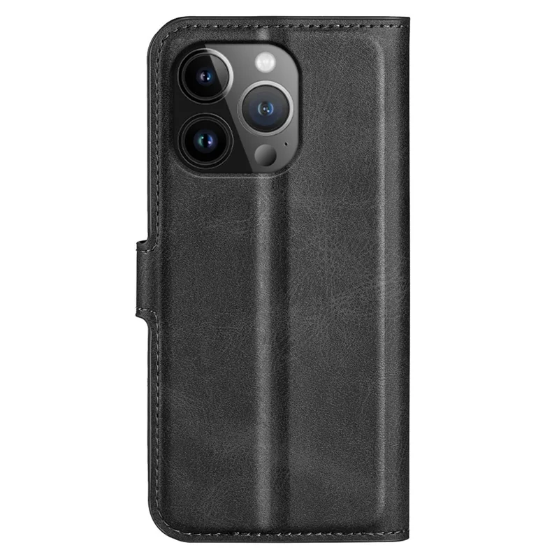 For iPhone 15 Pro Max Calf Texture Leather Cover Square Magnetic Closure Stand Wallet Phone Case - Black