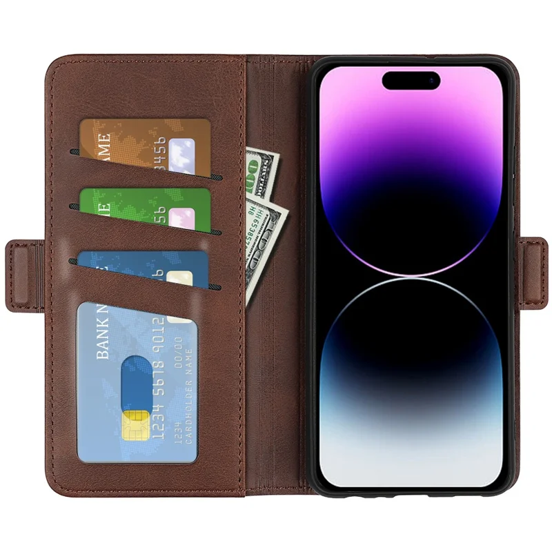 Для iPhone 15 Pro Max Anti-Scratch PU Leather Wallet Phone Cover Calf Texture Stand Full Protection Phone Case - Коричневый