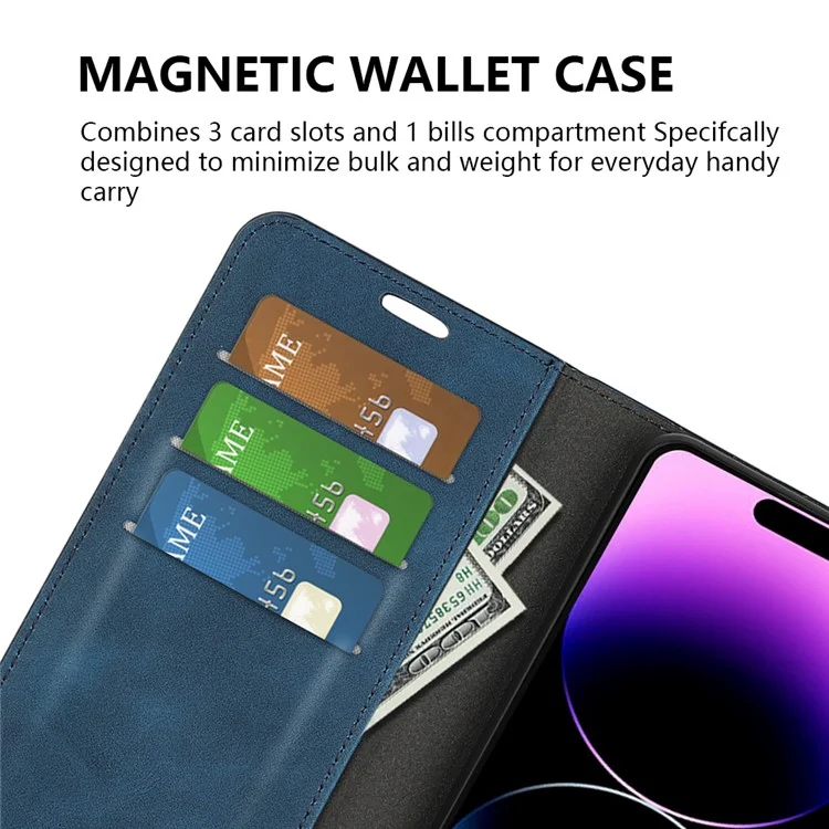Для iPhone 15 Pro Кожаный кошелек PU Flip Case Skin-touch Stand Anti-drop Cover - Blue