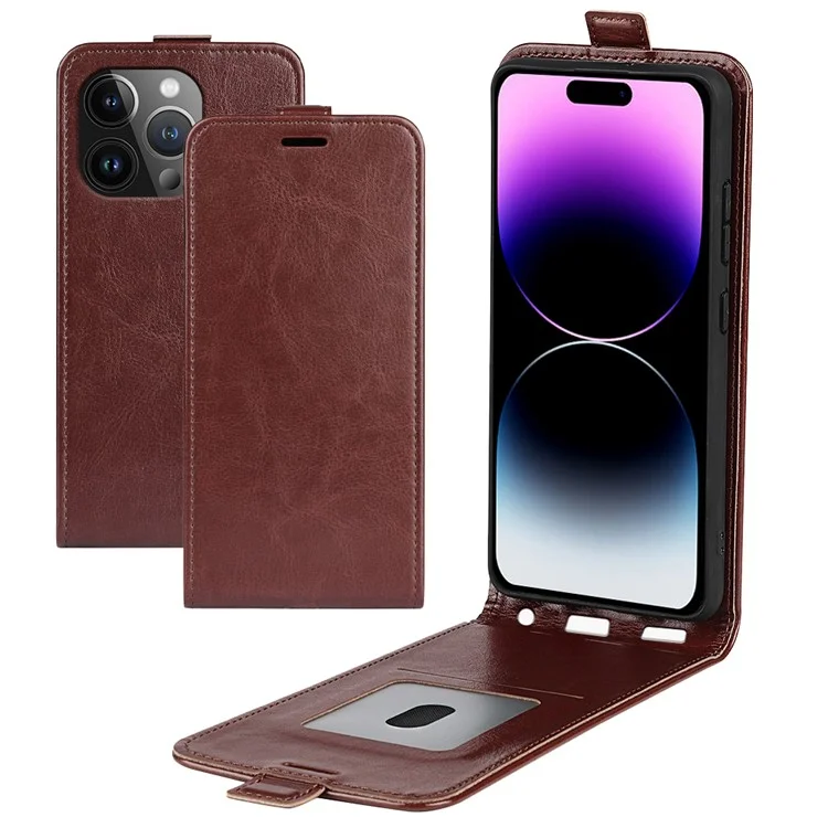 Para iPhone 15 Pro Capa Flip Vertical TPU+PU Leather Phone Shell Mobile Phone Cover com Slots para Cartão - Marrom