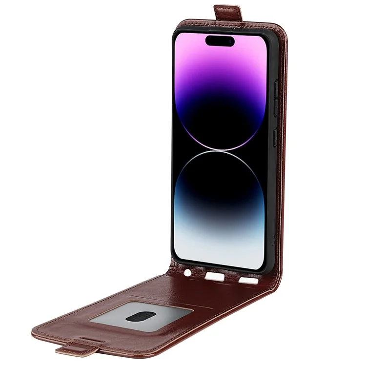 Para iPhone 15 Pro Capa Flip Vertical TPU+PU Leather Phone Shell Mobile Phone Cover com Slots para Cartão - Marrom