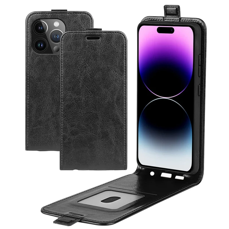 For iPhone 15 Pro Vertical Flip Case TPU+PU Leather Phone Shell Mobile Phone Cover with Card Slots - Black