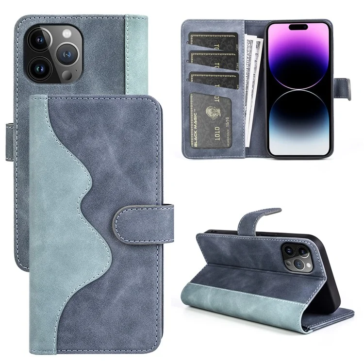 Phone Cover for iPhone 15 Pro Dual-color Splicing Magnetic Clasp PU Leather Wallet Drop-proof Case - Blue