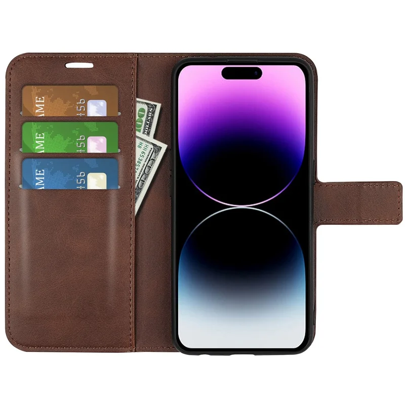 For iPhone 15 Pro Stand Wallet Calf Texture Leather Cover Square Magnetic Closure Phone Case - Brown