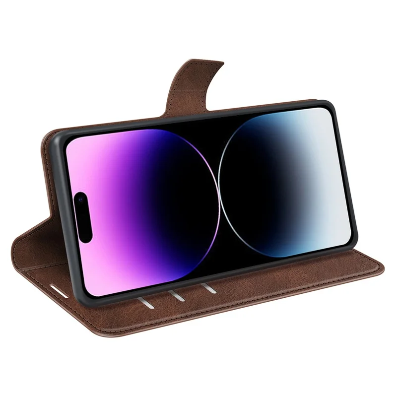 For iPhone 15 Pro Stand Wallet Calf Texture Leather Cover Square Magnetic Closure Phone Case - Brown