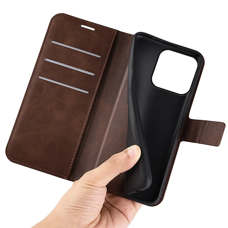 For iPhone 15 Pro Stand Wallet Calf Texture Leather Cover Square Magnetic Closure Phone Case - Brown