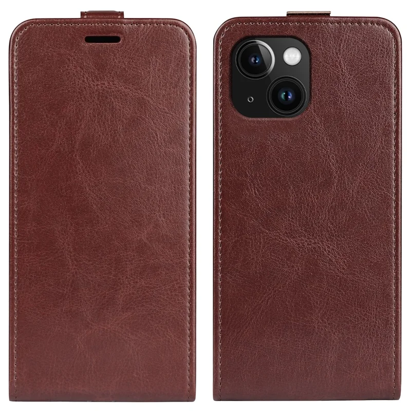 Card Slot Phone Case for iPhone 15 Plus , Anti-Scratch Vertical Flip PU Leather Cell Phone Cover - Brown