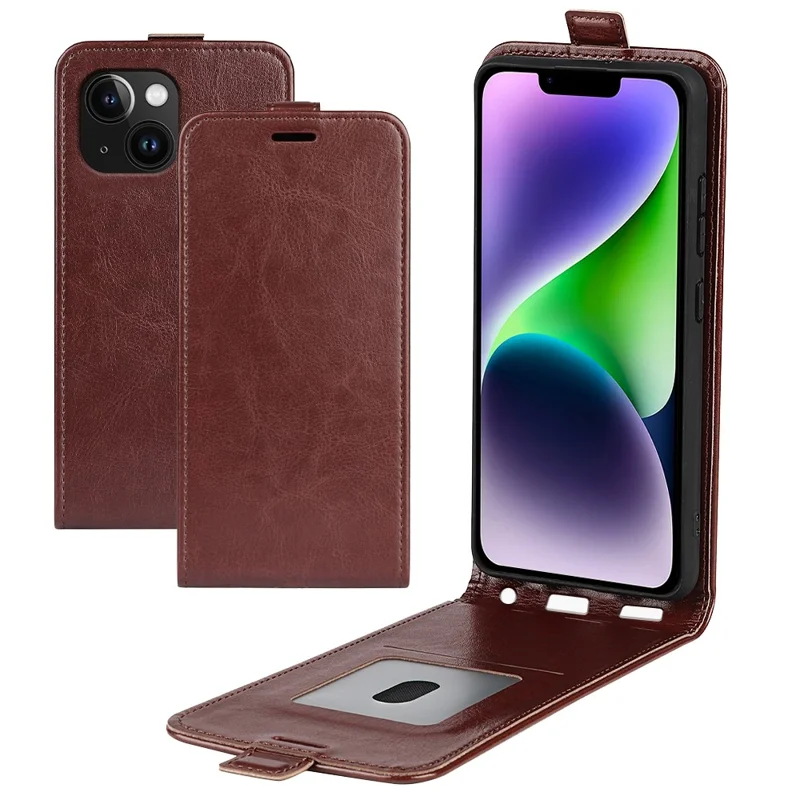 Card Slot Phone Case for iPhone 15 Plus , Anti-Scratch Vertical Flip PU Leather Cell Phone Cover - Brown