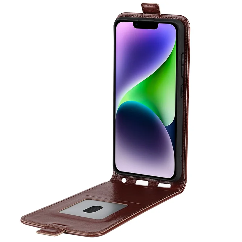 Card Slot Phone Case for iPhone 15 Plus , Anti-Scratch Vertical Flip PU Leather Cell Phone Cover - Brown