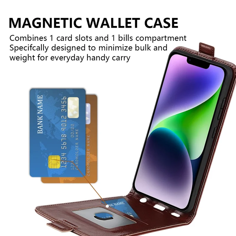 Card Slot Phone Case for iPhone 15 Plus , Anti-Scratch Vertical Flip PU Leather Cell Phone Cover - Brown