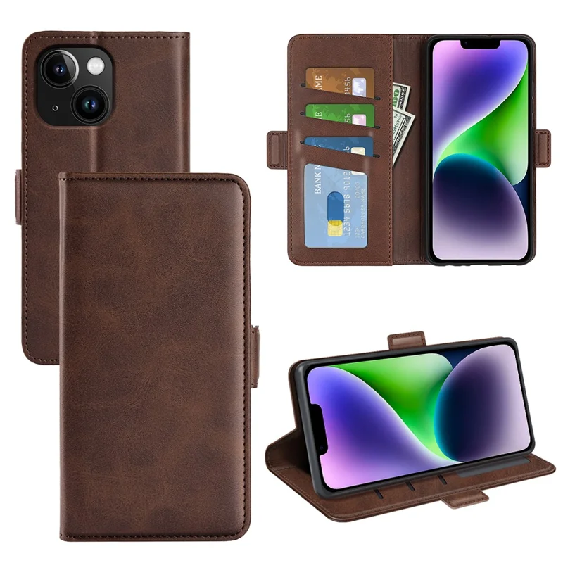 For iPhone 15 Plus PU Leather Wallet Phone Cover Calf Texture Stand Full Protection Phone Case - Brown