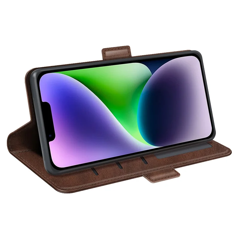 For iPhone 15 Plus PU Leather Wallet Phone Cover Calf Texture Stand Full Protection Phone Case - Brown