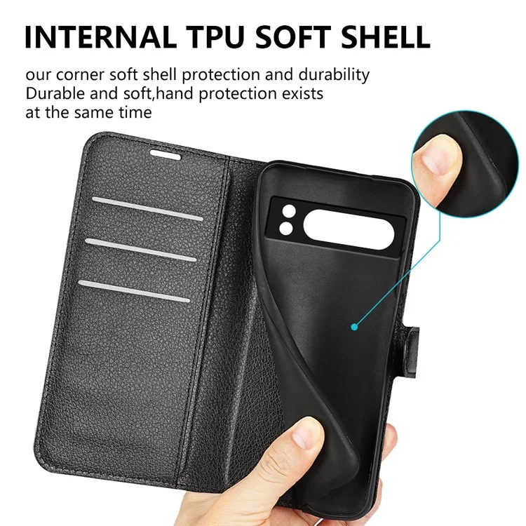 Litchi Texture Shell for Google Pixel 8 Pro Wallet Phone Cover PU Leather Stand Mobile Phone Case - Black