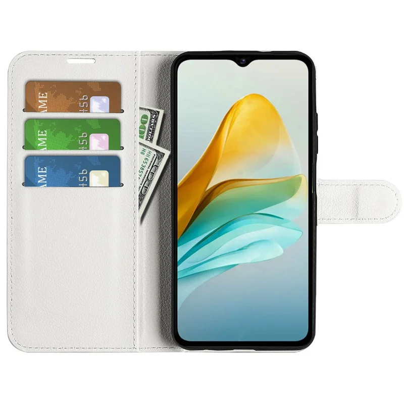 Litchi Texture Shell for ZTE Blade A53 Wallet Phone Cover Stand Mobile Phone PU Leather Case - White